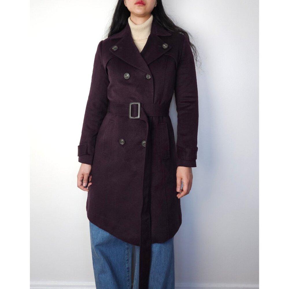 Vintage cashmere double breasted classic belted trench long pea coat women XS-S